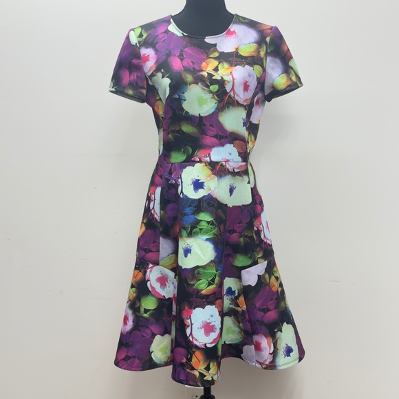 Betsey Johnson Floral Scuba Knit Women's Fit & Flare Dress Purple Green Size 12 - Picture 1 of 8